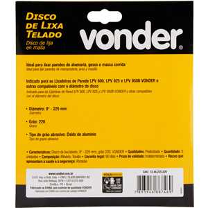 Disco de lixa telado, 9" - 225 mm, grão 220, embalagem com 5 peças, VONDER