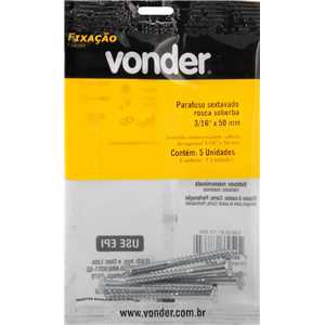 Parafuso sextavado rosca soberba 3/16" x 50 mm, cartela com 5 peças, VONDER