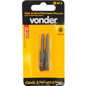 Jogo de bits de ponteiras phillips com encaixe sextavado 1/4", nº 1 x 50 mm, cartela com 2 peças, VONDER