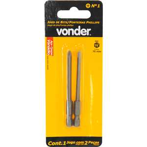 Jogo de bits de ponteiras phillips com encaixe sextavado 1/4", nº 1 x 75 mm, cartela com 2 peças, VONDER