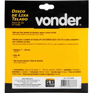 Disco de lixa telado, 7" - 180 mm, grão 80, embalagem com 5 peças, VONDER