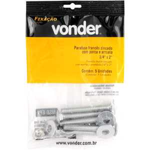 Parafuso francês zincado, 1/4" x 2", com porca e arruela, cartela com 5 conjuntos, VONDER