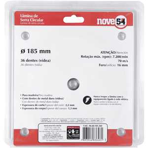 Lâmina de serra circular com dentes de metal duro/vídea, 185 mm x 16 mm, 36 dentes, NOVE54