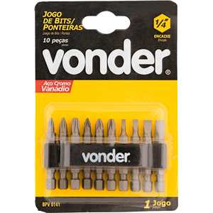 Jogo de bits/ponteiras, com 10 peças, encaixe sextavado 1/4", VONDER