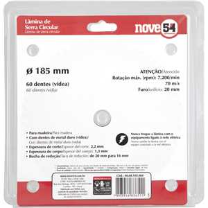 Lâmina de serra circular com dentes de metal duro/vídea, 185 mm x 20 mm, 60 dentes, NOVE54