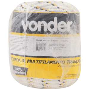 Corda multifilamento trançada 8,0 mm x 50 m, branca com detalhes em preto e amarelo, VONDER